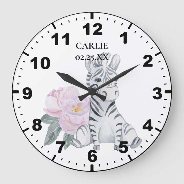 Baby Zebra Pink Blume Baby Girl Große Wanduhr (Vorderseite)