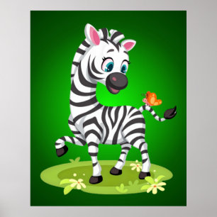 Baby Zebra Zeichnend Spielen mit Schmetterling-239 Poster