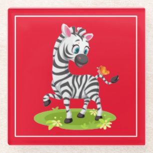 Baby-Zebra-Zeichnung spielt mit Schmetterling Glasuntersetzer