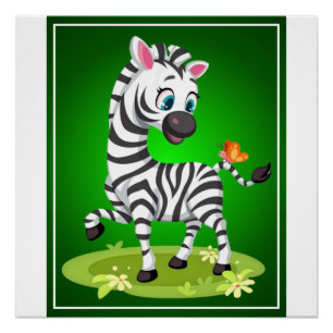Baby-Zebra-Zeichnung spielt mit Schmetterling Poster
