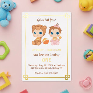 Baby-Zwillinge erster Geburtstag Mädchen Bär Jumps Folieneinladung