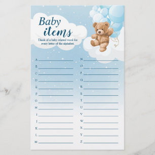 Babyartikel Alphabet Blau Bär Baby Shower Spiel Flyer