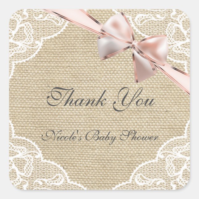 Babyaufkleber für Burlap- und Pink-Bow Quadratischer Aufkleber (Vorderseite)
