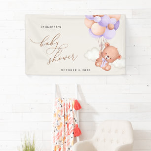 Babybär, Lila Balloons, Babydusche Willkommen Banner