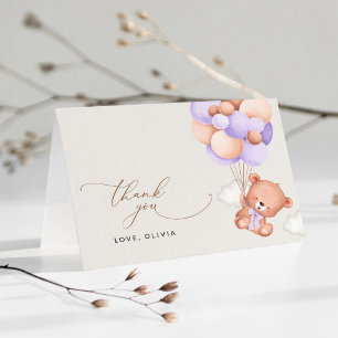 Babybär, Niedlicher Bär, Lila Balloons, Babydusche Dankeskarte