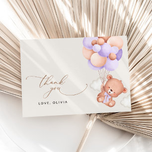 Babybär, Niedlicher Bär, Lila Balloons, Babydusche Dankeskarte
