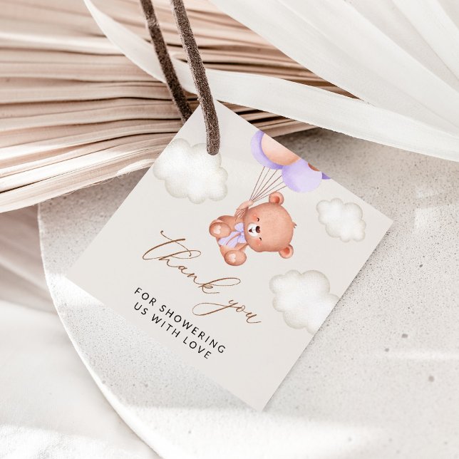 Babybär, Niedlicher Bär, Lila Balloons, Babydusche Geschenkanhänger (Von Creator hochgeladen)