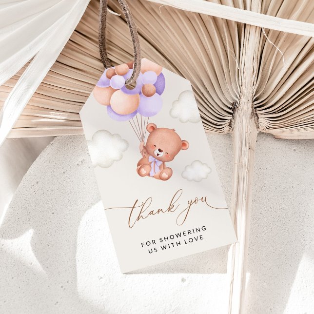 Babybär, Niedlicher Bär, Lila Balloons, Babydusche Geschenkanhänger (Von Creator hochgeladen)