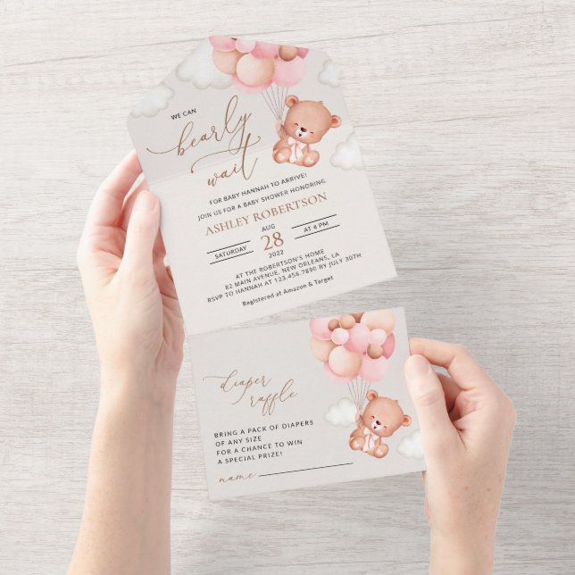 Babybär, Teddybär, rosa Balloons, Babydusche All In One Einladung (Abreißen)