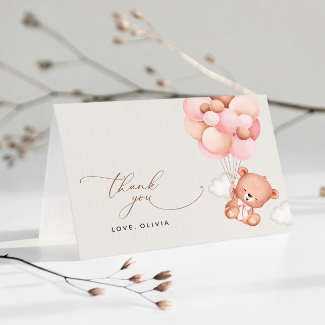 Babybär, Teddybär, rosa Balloons, Babydusche Dankeskarte (Von Creator hochgeladen)