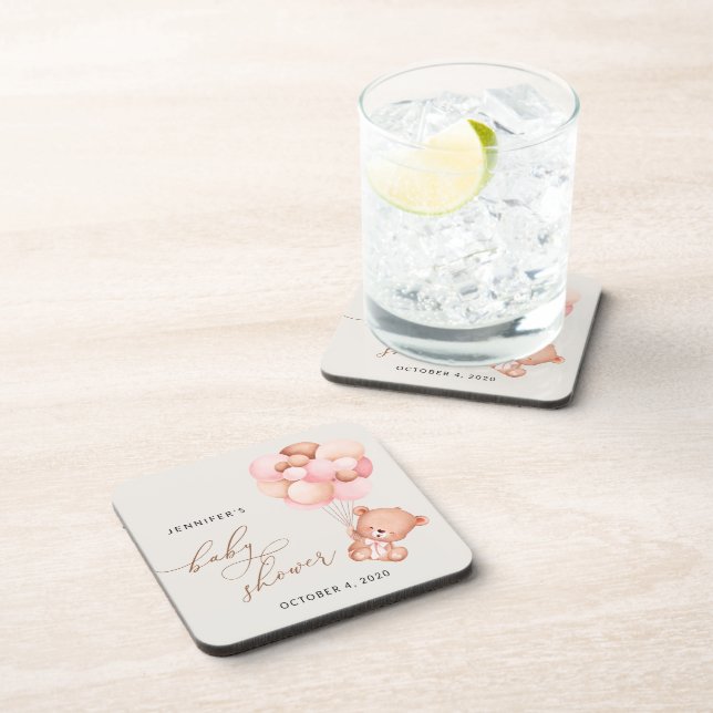 Babybär, Teddybär, rosa Balloons, Babydusche Getränkeuntersetzer (Rechte Seite)