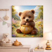 Babybär umarmt einen Honigtopf