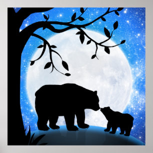 Babybär und Mutter Mond Silhouette unter den Stern Poster