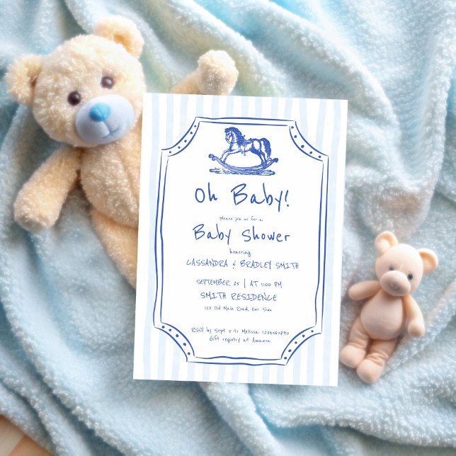 Babyblau-Rockpferde-Babydusche Einladung (Oh baby dusty blue vintage rocking horse sketch baby shower invitation template)