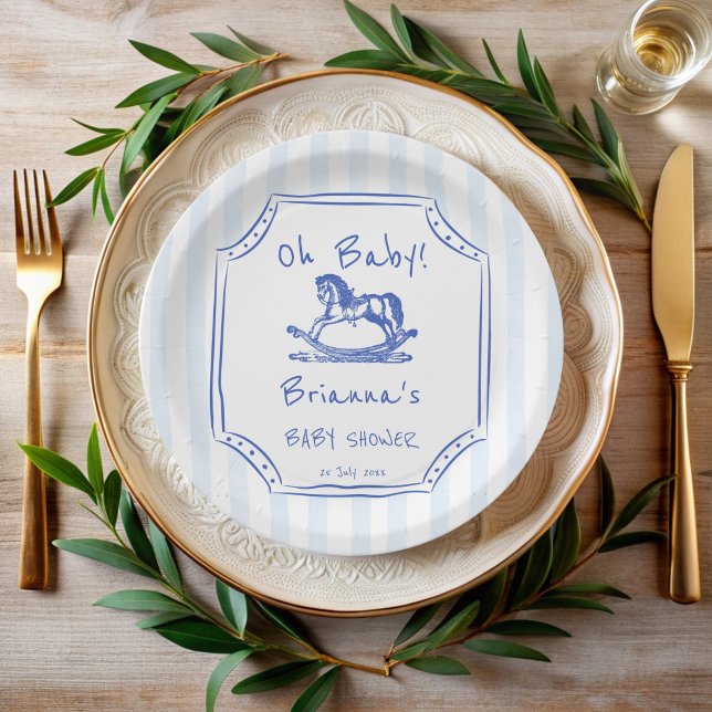 Babyblau-Rockpferde-Babydusche Pappteller (Oh baby blue rocking horse handrawn sketch vintage western baby shower personalized paper plates)