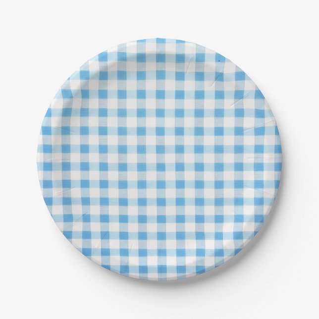 Babyblaue Gingham Pappteller (Vorderseite)