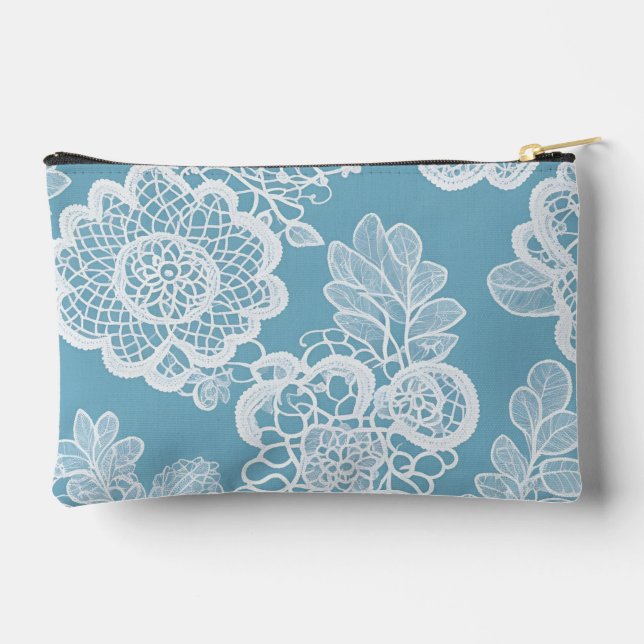 Babyblaue und weiße Blumenmuster AI-Kunst  Zubehörtasche (Rückseite)