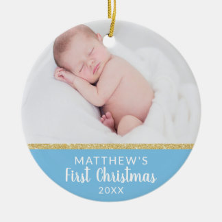 Babyboy FIRST Christmas Blue Nachricht + FOTO Keramik Ornament