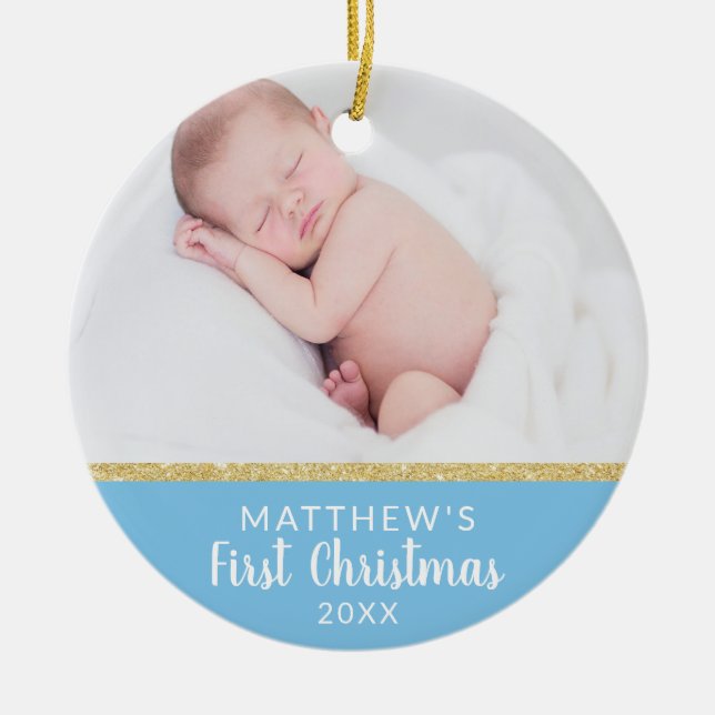 Babyboy FIRST Christmas Blue Nachricht + FOTO Keramik Ornament (Vorne)