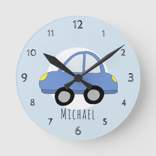 Babyboys Doodle Blue Car Kinderzimmer Runde Wanduhr (Vorderseite)