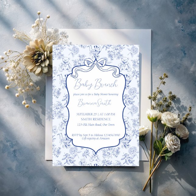 Babybrunch Blue Toile de jouy Sketch Babydusche Einladung (Baby brunch blue toile de jouy vintage cute baby toys sketch baby shower invitation template)