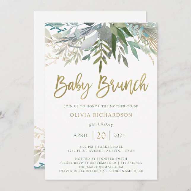 BabyBrunch des Chic-Laub-| mit Imitat-Goldskript Einladung (Vorne/Hinten)