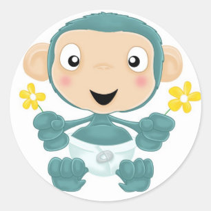 Babychimp mit Blume Runder Aufkleber