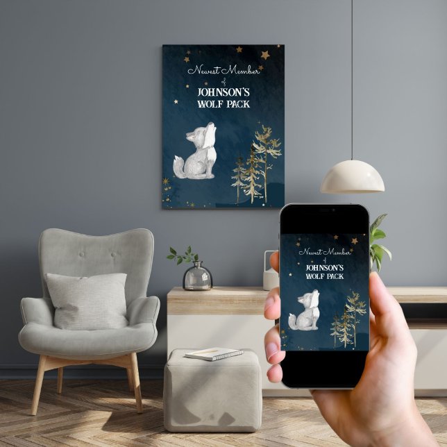 Babydekor zum Thema "Kleine Wolf" Poster (Little wolf themed baby nursery decor personalized poster with a cute howling wolf cub starry night)