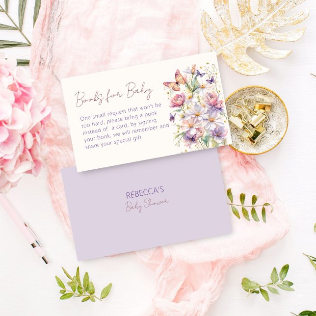 Babyduschbücher für kleine Schmetterlinge Begleitkarte (Little butterfly baby shower books request enclosure card spring summer lilac flowers books for baby)