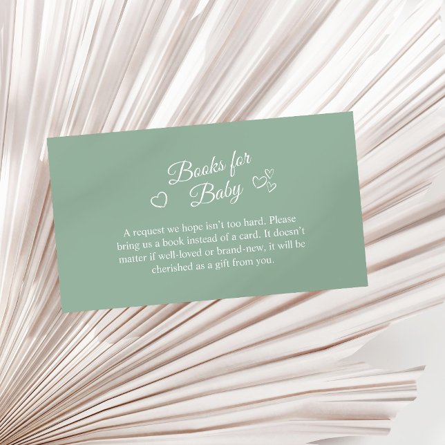 Babyduschbücher für Minimalistische Babybetten Begleitkarte (Sage Green Minimalist Baby Shower Books for Baby Enclosure Card on a sunny neutral dry palm leaf.)