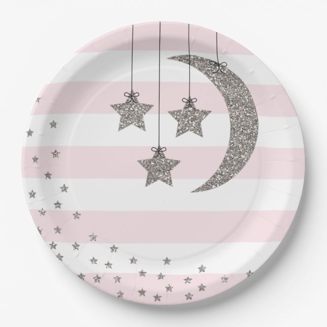 Babyduschdekorationen rosa silberner Glitzer Pappteller (Vorderseite)