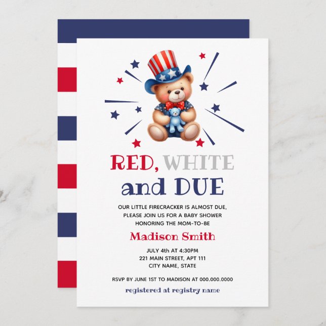 Babydusche 4. Juli Bärenrot weiß und angemessen Einladung (Vorne/Hinten)