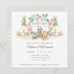 Babydusche Abenteuer Begin Teepee Bear Deer Gray Einladung
