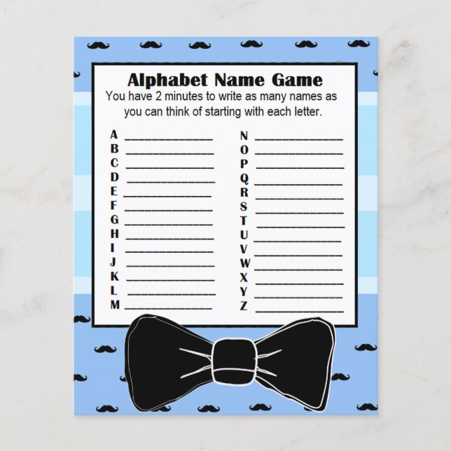 Babydusche Alphabet Name BINGO Game Mustache Flyer (Vorne)