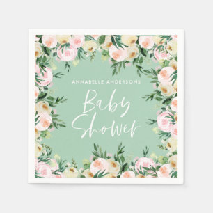 Babydusche Aquarell Rosa Blumengrün Mädchen Serviette