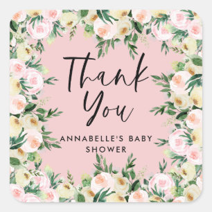 Babydusche Aquarell Rosa mädchenhaft Blumengrün Da Quadratischer Aufkleber