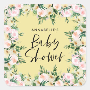 Babydusche Aquarellgelb, grimmige Blumenschrift Quadratischer Aufkleber
