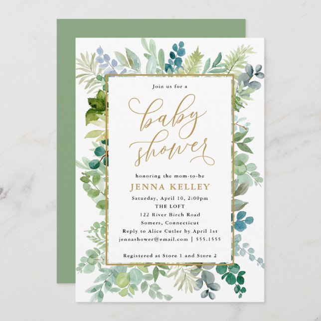 Babydusche, Aquarellgrün und Goldfolie Einladung (Vorne/Hinten)