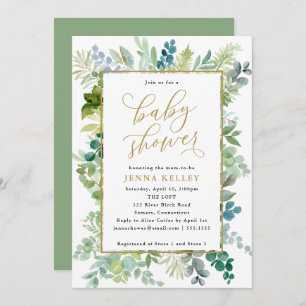 Babydusche, Aquarellgrün und Goldfolie Einladung