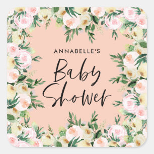 Babydusche Aquarellpfirsich Girl-Blumenschrift Quadratischer Aufkleber
