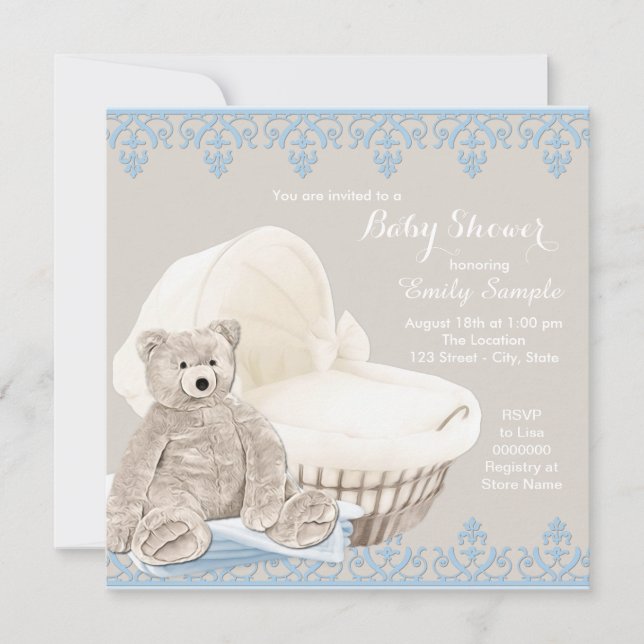 Babydusche aus Beige und Blue Teddy Bear Einladung (Vorderseite)