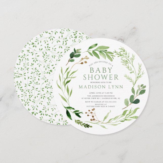 Babydusche aus botanischem grünem Leaf Einladung (Vorne/Hinten)