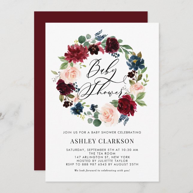 Babydusche aus Burgund und Blauer Blütenblätterung Einladung (Vorne/Hinten)