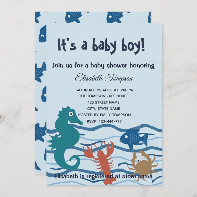 Babydusche aus der niedlichen Ozeanwelt Einladung (Vorne/Hinten)