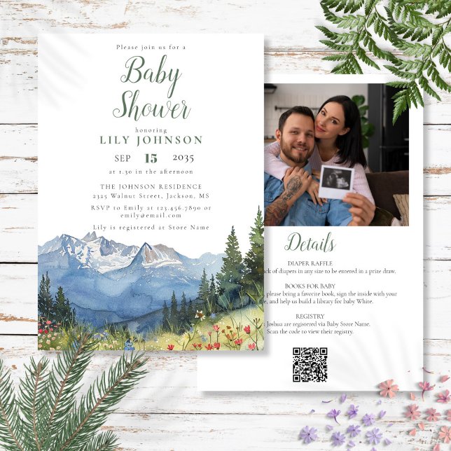 Babydusche aus einem Foto QR-Code Einladung (Mountain Baby Shower All In One Photo QR Code Invitation)