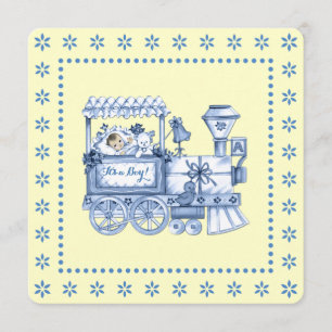 Babydusche aus Gelb und Blauer Bahn Einladung