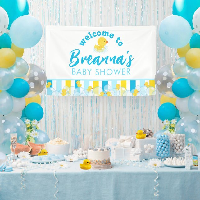 Babydusche aus Junge Gummi Begrüßung Banner (Boy Rubber Duck Baby Shower Vinyl Welcome Hanging Banner in White)
