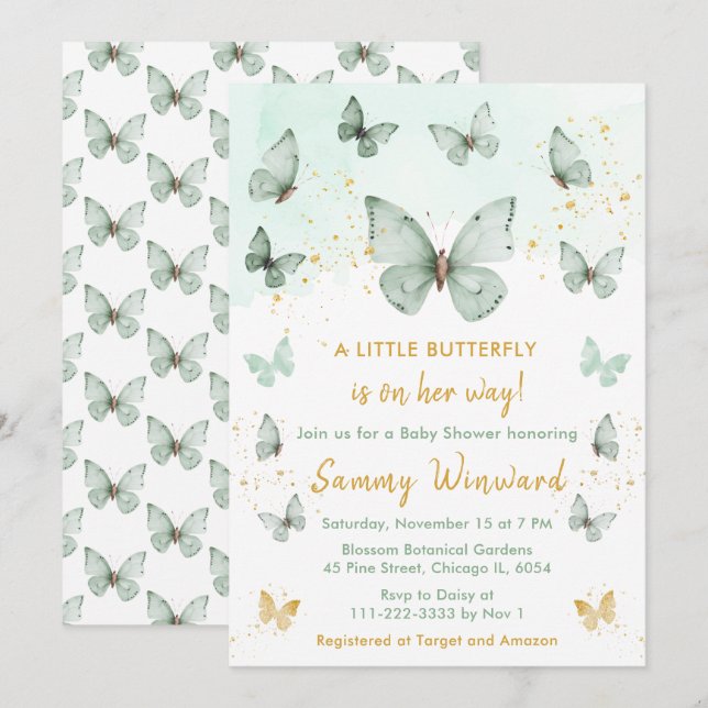 Babydusche aus Sage Green und Gold Butterfly Einladung (Vorne/Hinten)