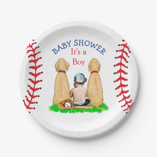 Babydusche Baseball 2 Labradore und Baby Pappteller (Vorderseite)