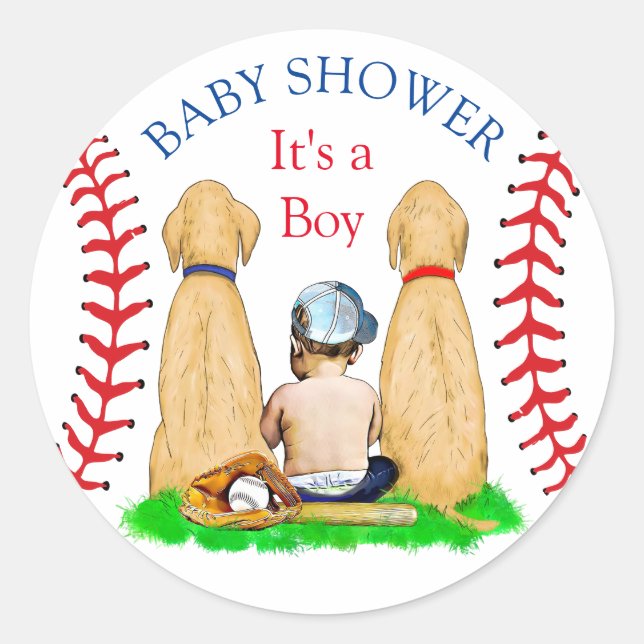 Babydusche Baseball 2 Labradore und Baby Runder Aufkleber (Vorderseite)